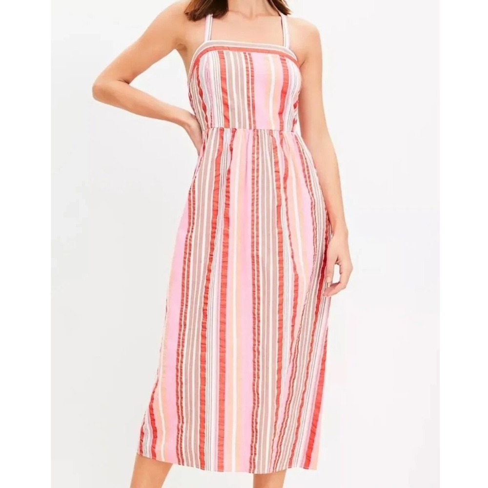 LOFT Petites Pink Red Striped Cotton Midi Sundress 4P NEW 761585 4 Petite